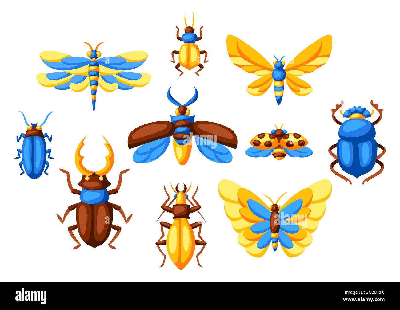 Arrière-plan avec des insectes. Papillons stylisés, coléoptères et libellules. Illustration de Vecteur