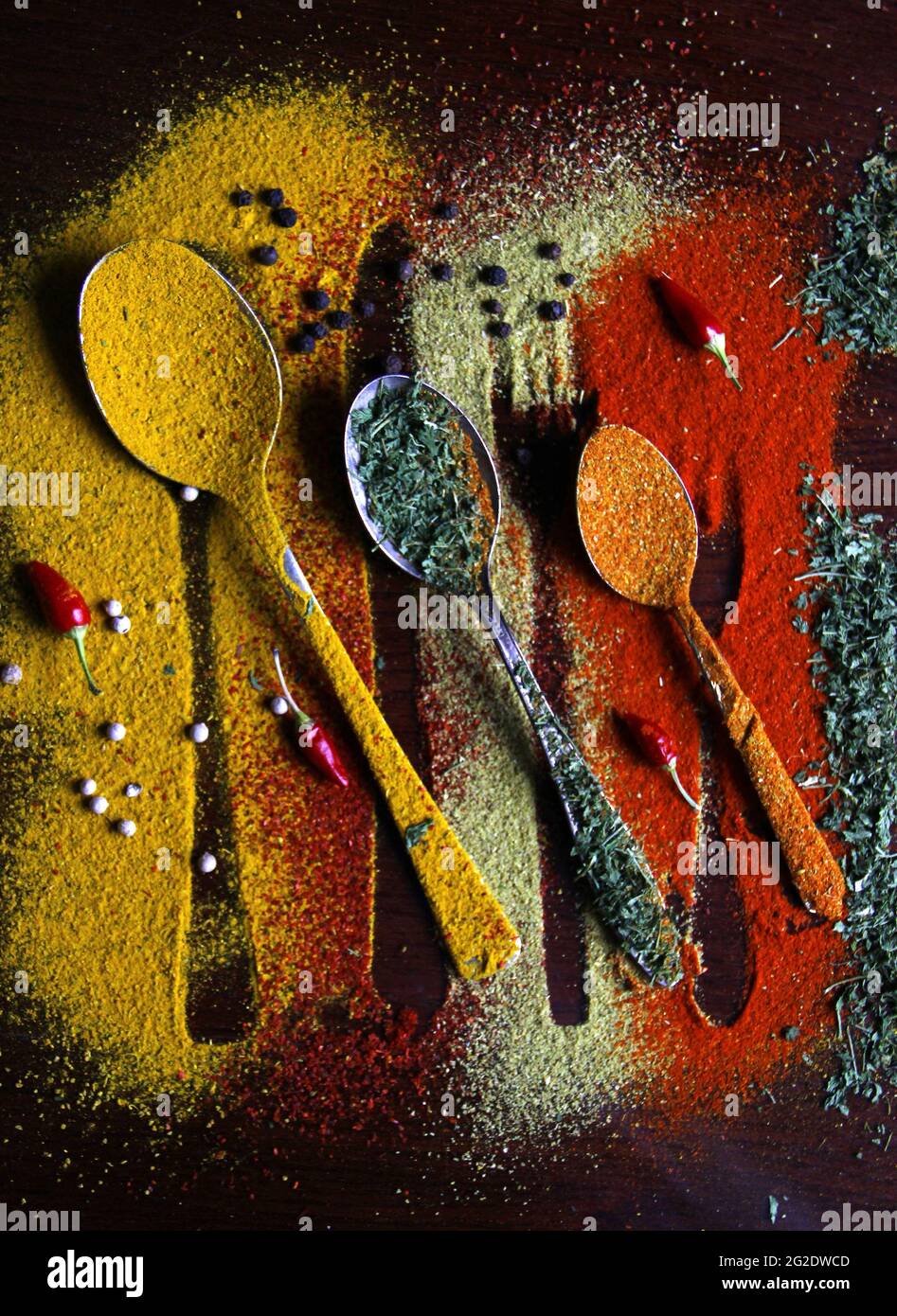 Vue de dessus des cuillères en métal de tailles multiples disposées côte à côte avec différentes épices Banque D'Images