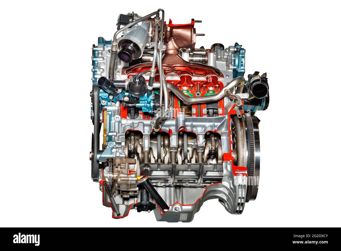 Moteur à combustion interne d'une voiture moderne sur un support avec une  coupe du groupe de pistons. Isolé sur fond blanc. Moteur automobile. Pièces  automatiques Photo Stock - Alamy