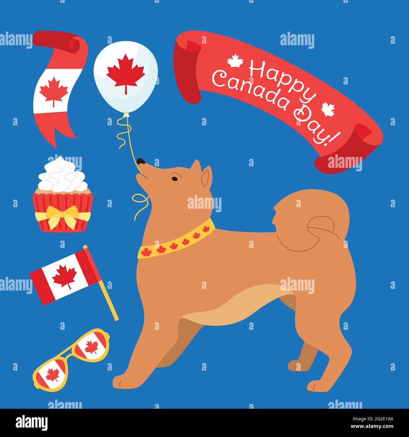 Carte de dessin animé pour chien, drapeau et gâteau de la fête du Canada. Chien rouge patriotique drôle avec verres, ballon, ruban, gâteau, drapeau canadien plat. Fête dessinée à la main Happy Canada Day. Illustration vectorielle isolée Illustration de Vecteur