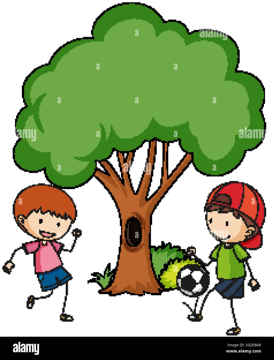 Deux enfants jouant au football avec une illustration isolée d'un grand arbre Illustration de Vecteur