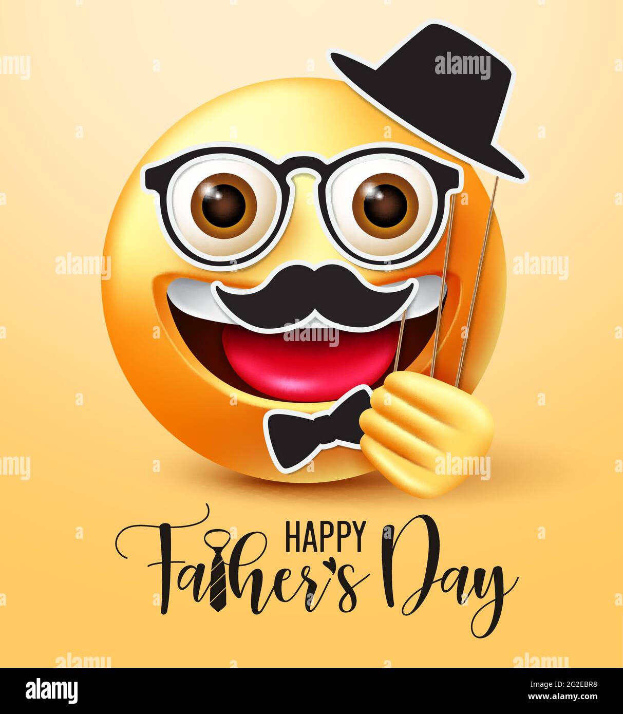 Motif vecteur smiley de la fête des pères. Texte « Happy Pather Day » avec  personnage de père en relief emoji tenant un chapeau, une moustache et une  cravate en papier Image