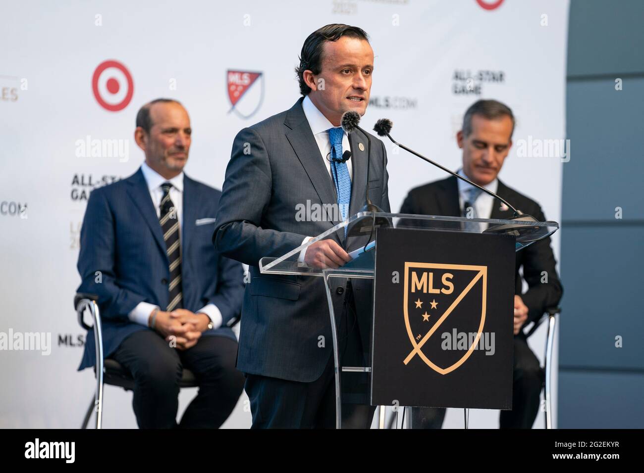 MIKEL Arriola, président exécutif DE LA LIGUE MX, parle lors d'une annonce de presse MLS et LIGA MX à Banc, en Californie, le mercredi 9 juin 2021, à Los A. Banque D'Images