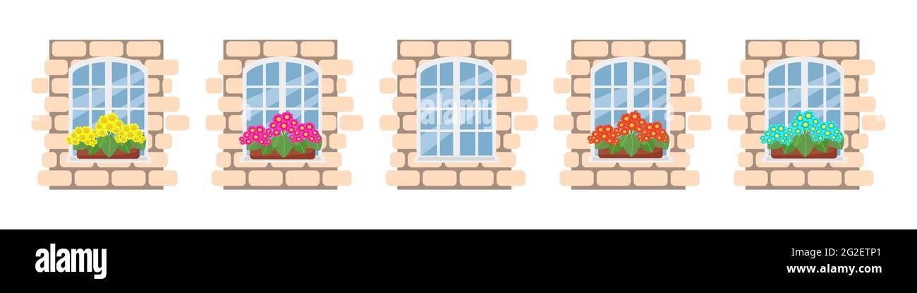Fenêtre blanche avec des fleurs sur le rebord de la fenêtre, fragment d'un mur de briques avec un ensemble de fenêtres, objets vectoriels isolés, dessin animé Illustration de Vecteur