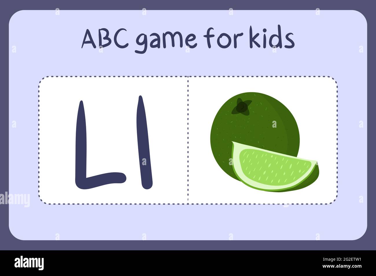 Mini jeux d'alphabet d'enfant en style de dessin animé avec lettre L - lime . Illustration vectorielle pour la conception de jeux - couper et jouer. Apprenez l'abc avec des cartes flash de fruits et légumes. Illustration de Vecteur