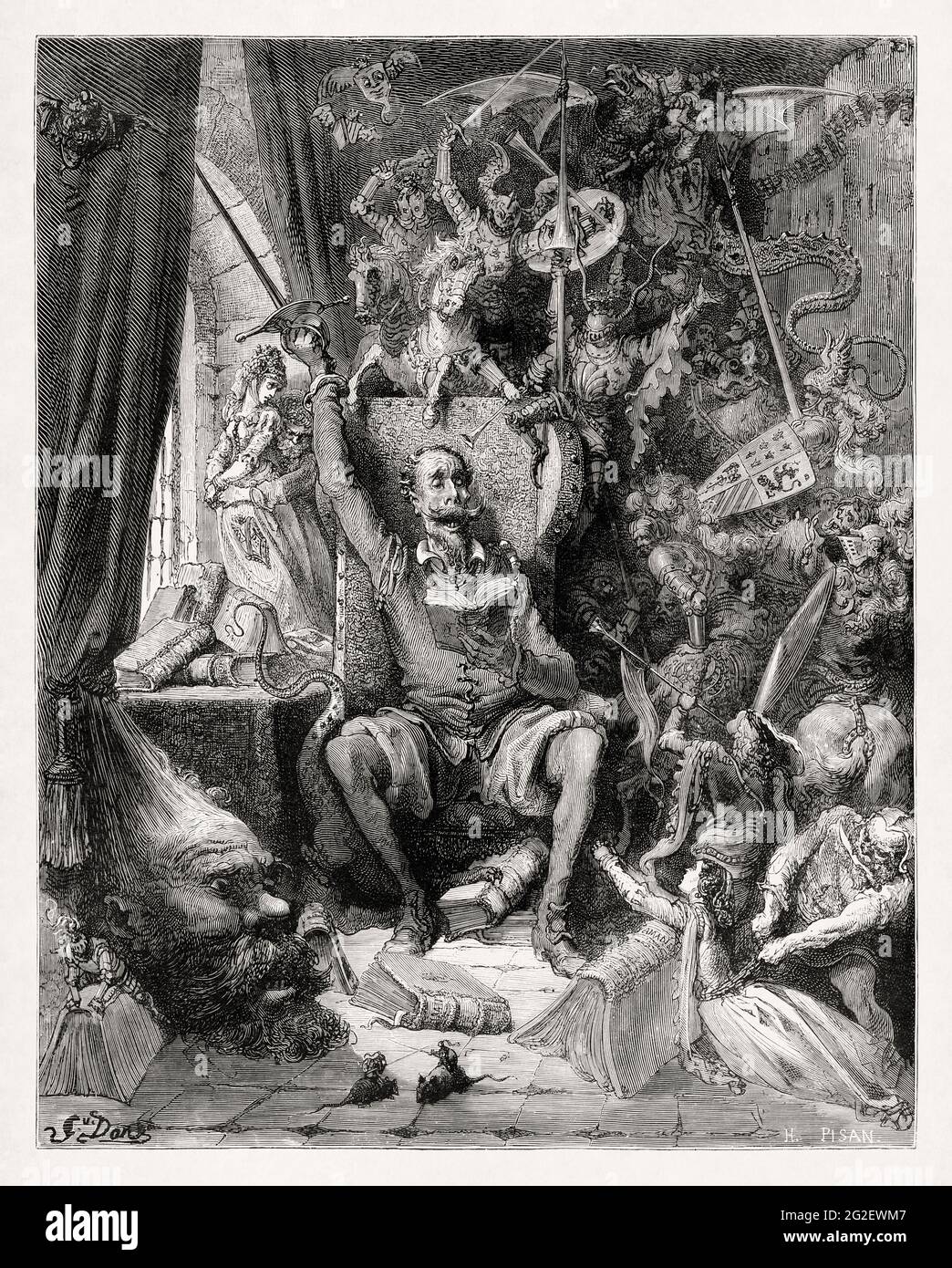 Dessin de Don Quichotte dans sa bibliothèque réalisée en 1863 par Gustave doré pour illustrer une nouvelle édition des œuvres de Miguel de Cervantes initialement publiées Banque D'Images