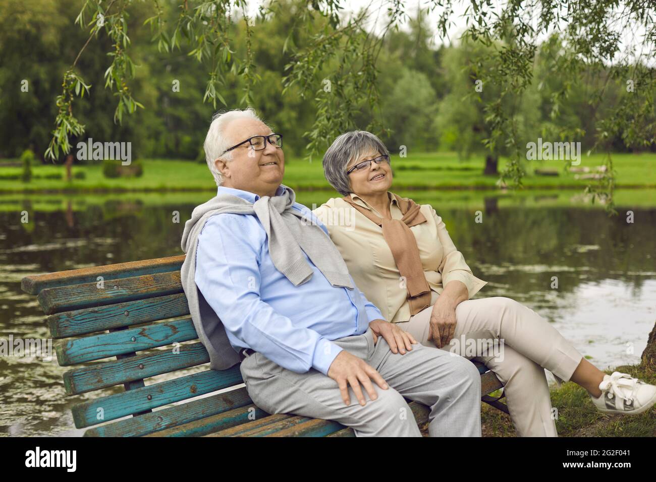 Heureux couple senior assis sur un vieux banc en bois sous un arbre dans un parc d'été Banque D'Images