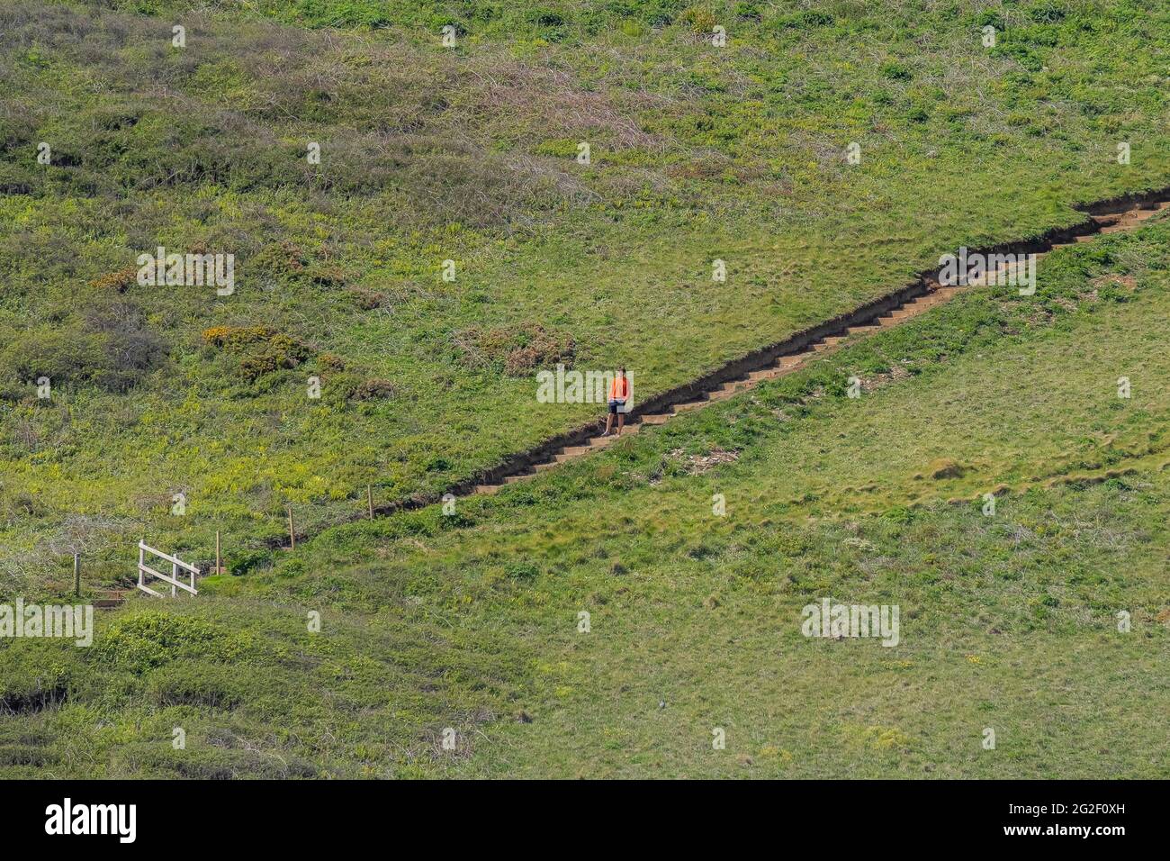 Un homme portant un sommet de couleur orange vif debout sur des marches abruptes sur une colline herbeuse. Banque D'Images