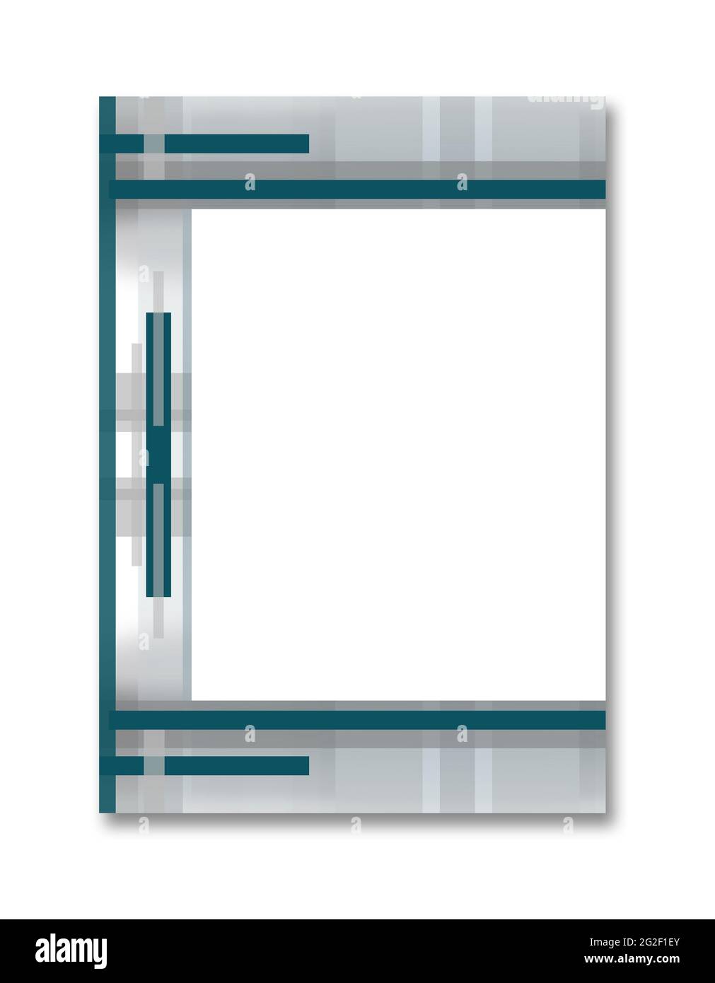 Couverture de livre conception A4 avec cadre abstrait géométrique : bandes symétriques vert-bleu sur fond gris. Grand espace de texte blanc. Présentation de la technologie Banque D'Images