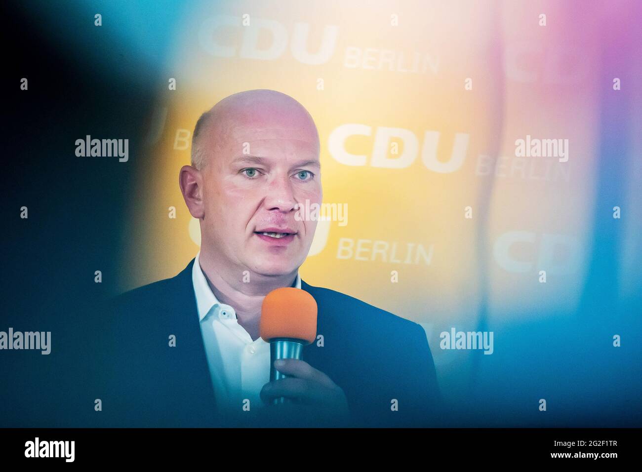 Berlin, Allemagne. 11 juin 2021. Kai Wegner, président d'Etat de la CDU-Berlin et premier candidat pour les élections de 2021 à la Chambre des représentants de Berlin, prend la parole lors de la présentation du projet de programme gouvernemental de la CDU Berlin lors d'une conférence de presse numérique. Credit: Christoph Soeder/dpa/Alay Live News Banque D'Images