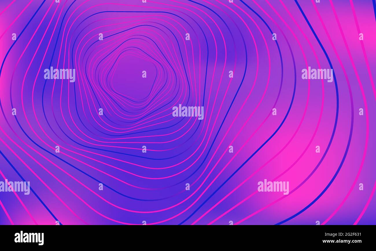 Bannière géométrique abstraite. Lignes violettes tourbillonnantes sur fond rose dégradé. Tourbillons carrés, bandes ondulées, mouvement de rotation, image néon. Futuriste tw Illustration de Vecteur