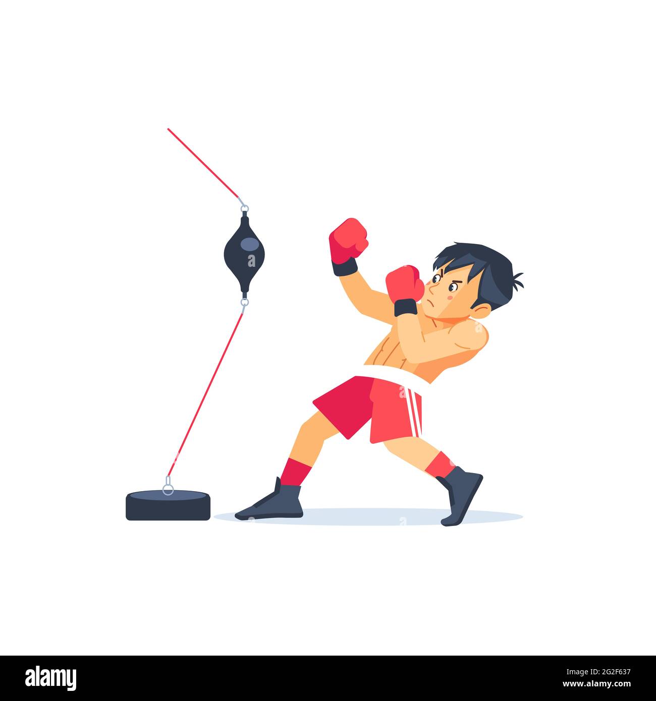 Jeune boxeur faisant un peu d'entraînement sur un sac de boxe de balle de vitesse double extrémité dans une salle de gym, enfant prenant un nouveau passe-temps. Illustration vectorielle plate de dessin animé en blanc Illustration de Vecteur