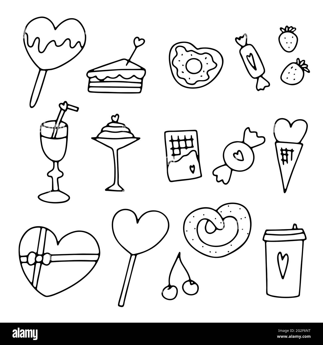 Ensemble de friandises pour la Saint-Valentin Doodle. Desserts dessinés à la main avec des coeurs mignons. Aperçu des bonbons, gâteaux, boissons, café, crème glacée, beignet, chocolat. Loll Illustration de Vecteur