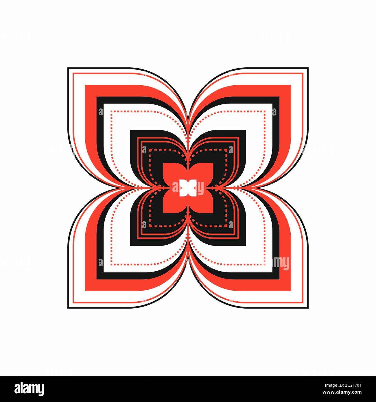 Fleur abstraite géométrique vectorielle. Plante ornementale isolée sur fond blanc. Décoration florale symétrique. Rouge avec carré noir, cercle mandala. L Illustration de Vecteur