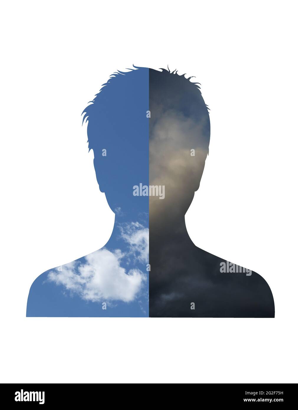 Trouble bipolaire. Concept de maladie mentale. Silhouette d'homme avec ciel à moitié clair et ciel à moitié orageux. Arrière-plan blanc Banque D'Images