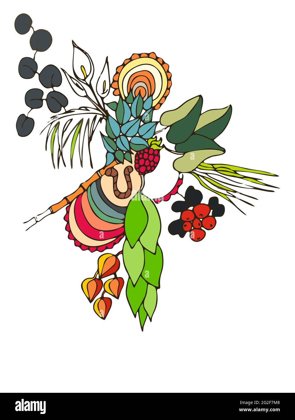Illustration de vecteur tropical. Différentes plantes et fruits multicolores isolés sur fond blanc. Photo de baies, feuilles, palmier, cala l Illustration de Vecteur