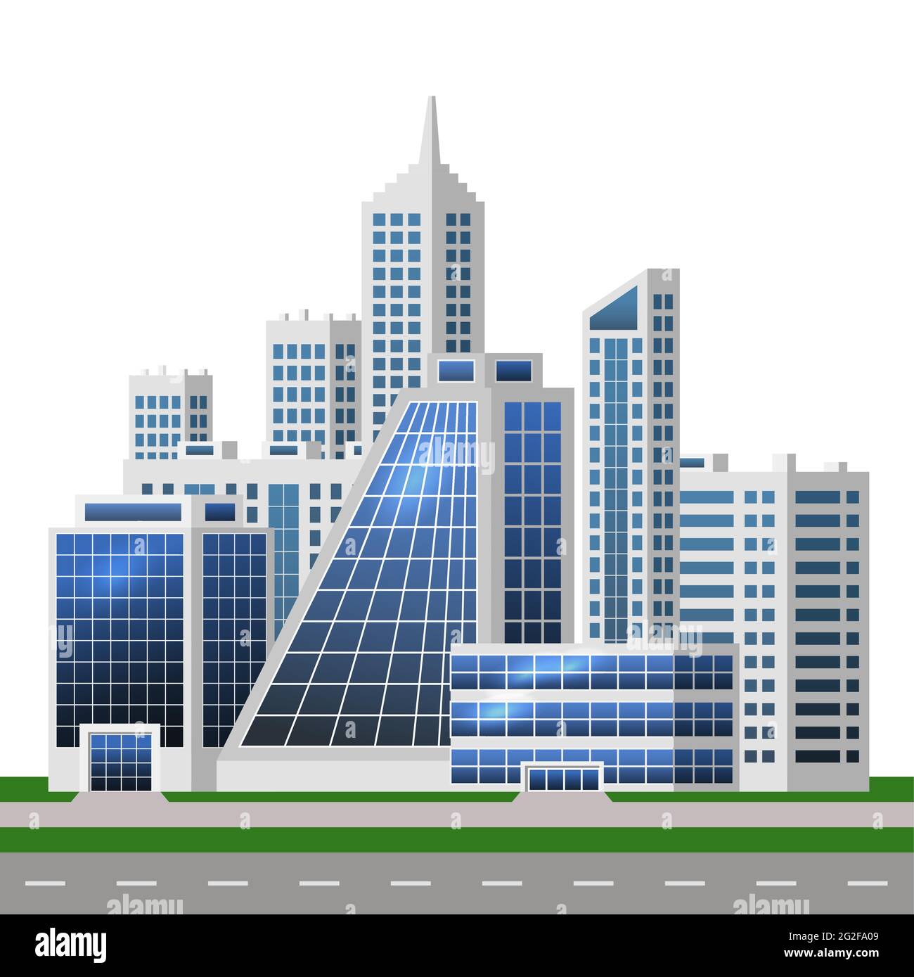 Concept de ville moderne. Paysage urbain avec des bâtiments d'affaires et de magasins, gratte-ciel. Technologie, numérique ou Smart Cityscape. Conception plate. Vecteur illust Illustration de Vecteur