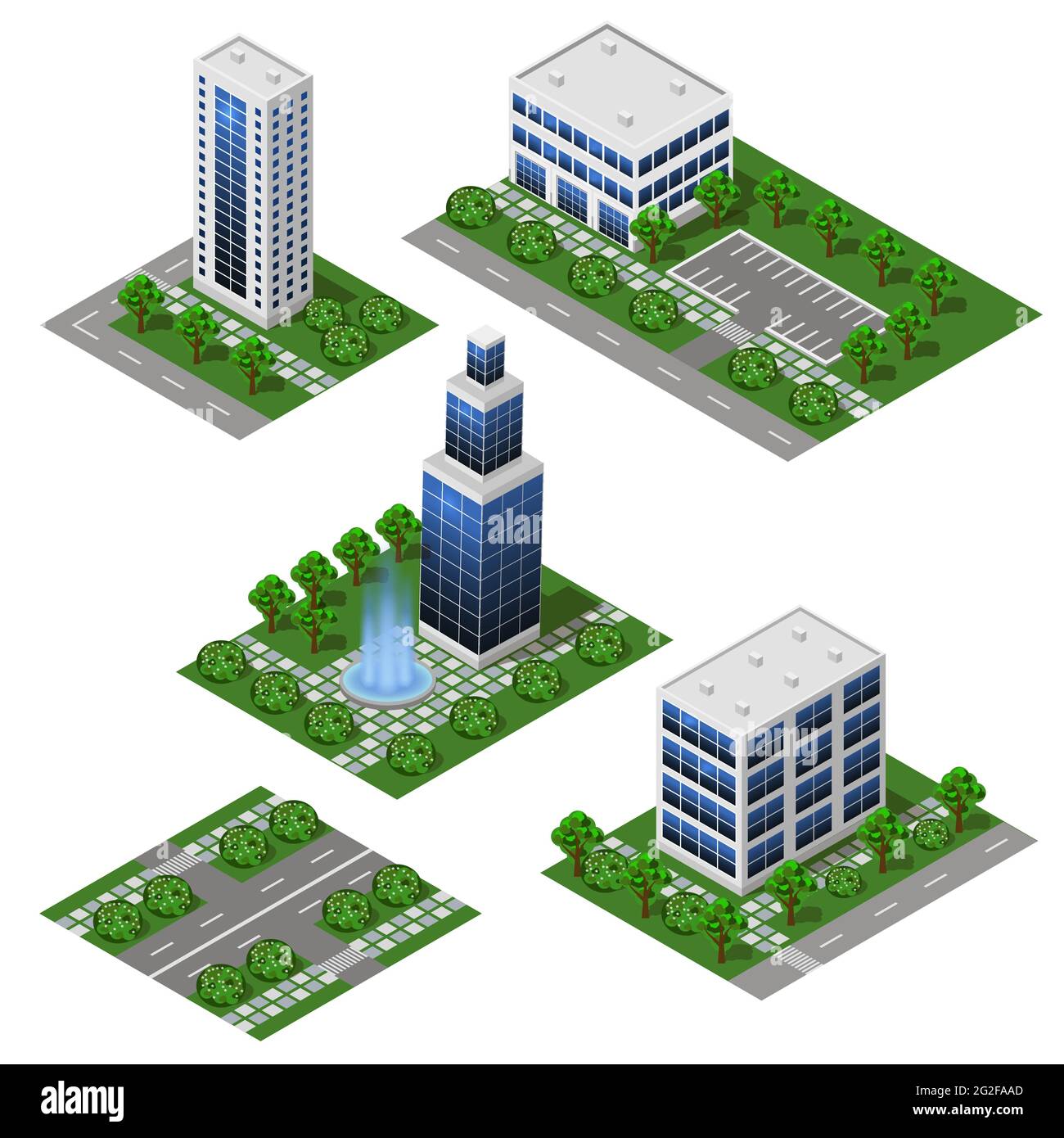 Bâtiments modernes de la ville en 3D. Modules de ville isométriques isolés, rues, bâtiments d'affaires et de bureau, maisons. Ensemble vectoriel pour paysages urbains, métropole Illustration de Vecteur