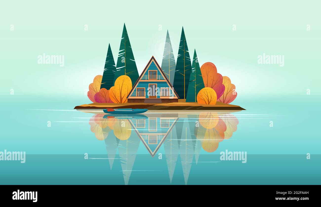 Maison en bois À cadre En A sur une petite île Illustration de Vecteur