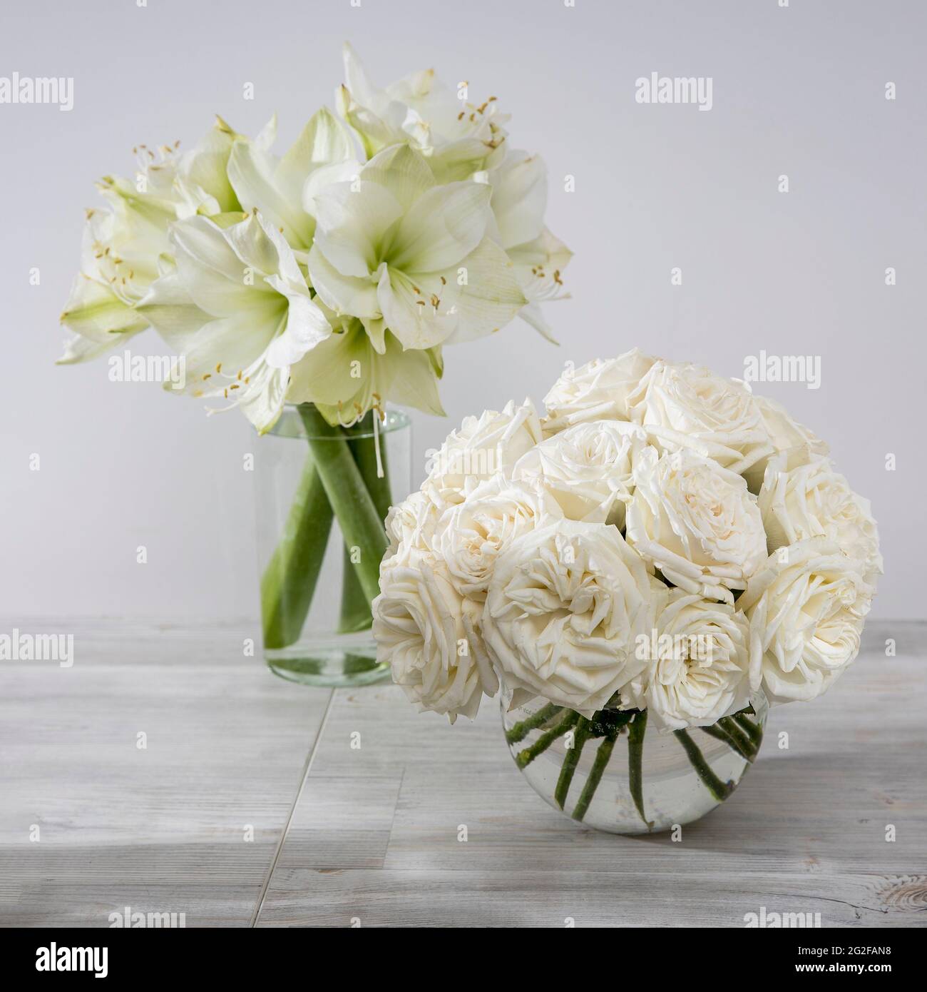 Roses blanches, nénuphar dans des vases ronds sur la table pour une occasion spéciale comme décoration de cuisine. Copier l'espace. Cadre carré Banque D'Images