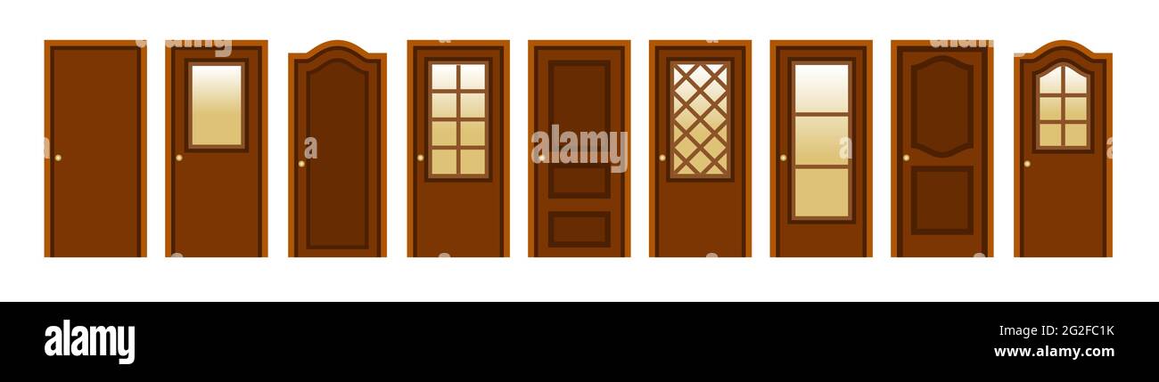 Ensemble de portes en bois modernes pour la conception de l'intérieur de la maison ou de rénovation de la maison. Portes isolées sur fond blanc, vue avant. Style plat. Vecteur illu Illustration de Vecteur