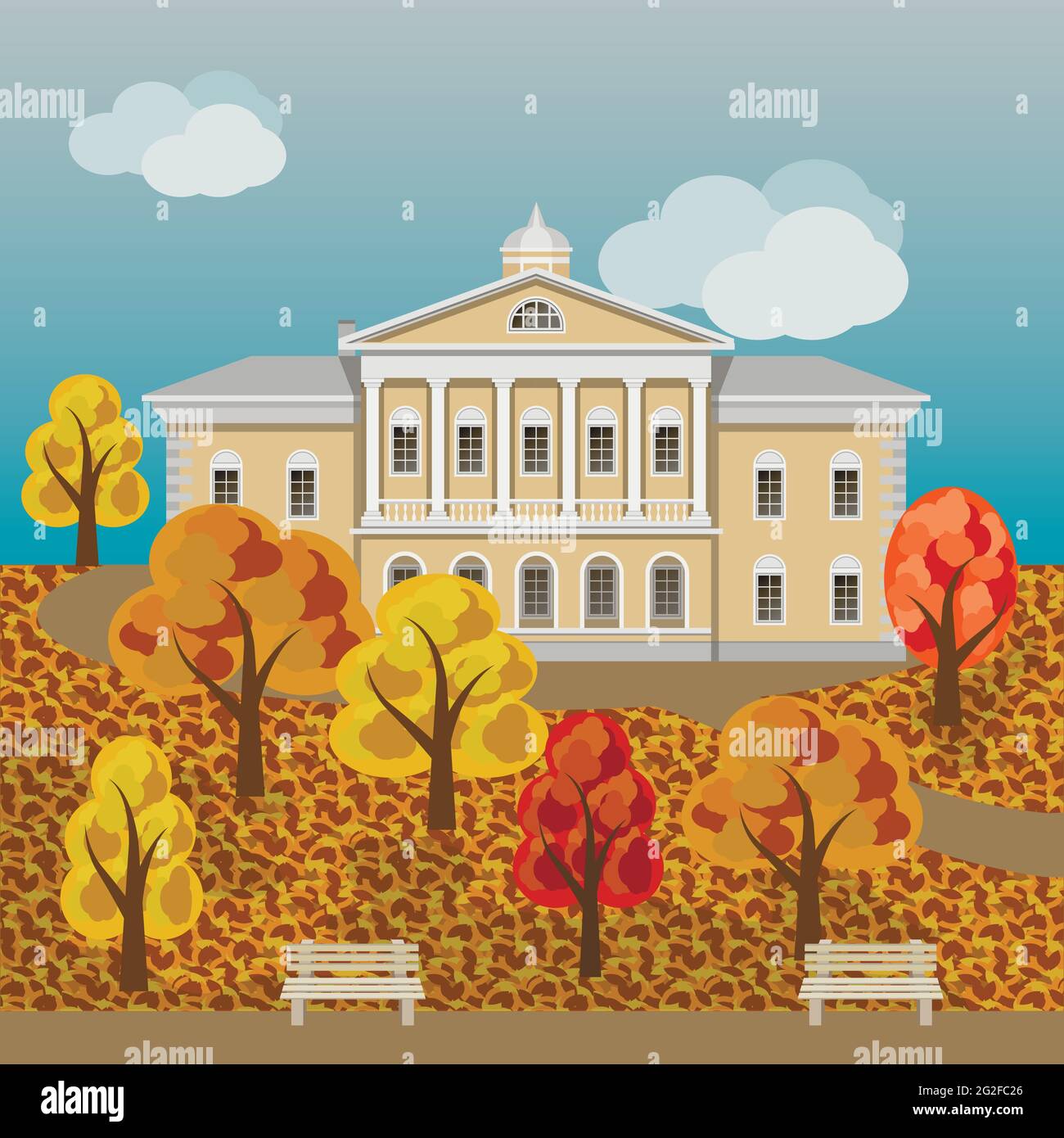 Manoir ou palais riche en dessins animés dans un paysage d'automne coloré. Scène avec manoir et jardin d'automne avec arbres colorés. Contenu de dessin animé ou de jeu Illustration de Vecteur