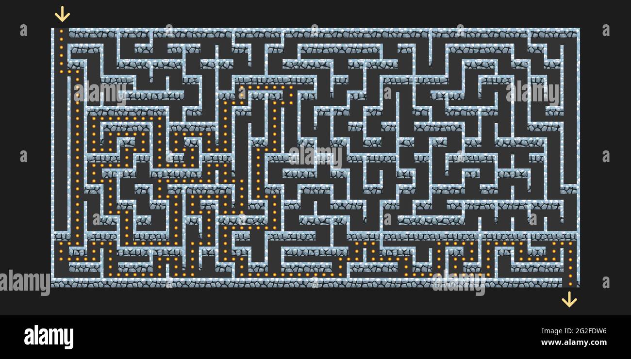 3D Maze, labyrinthe avec murs en pierre et solution. Conception de niveau de jeu pour l'évasion de donjon ou jeu de puzzle pour enfants actif. Vue de dessus vers le bas. Illustration vectorielle Illustration de Vecteur