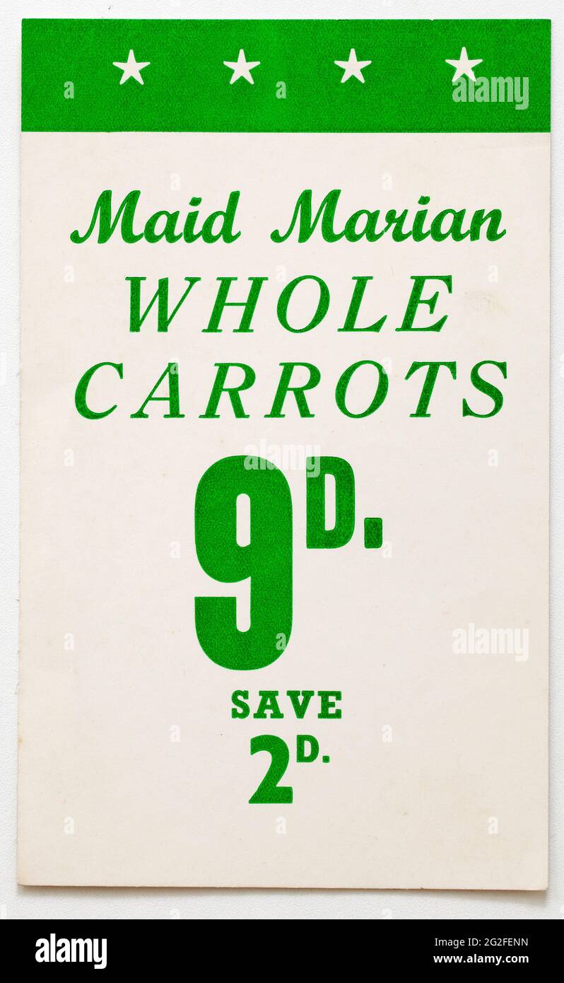 Vintage années 1960 Shop Publicité Prix carte d'affichage - Maid Marian carottes entières Banque D'Images
