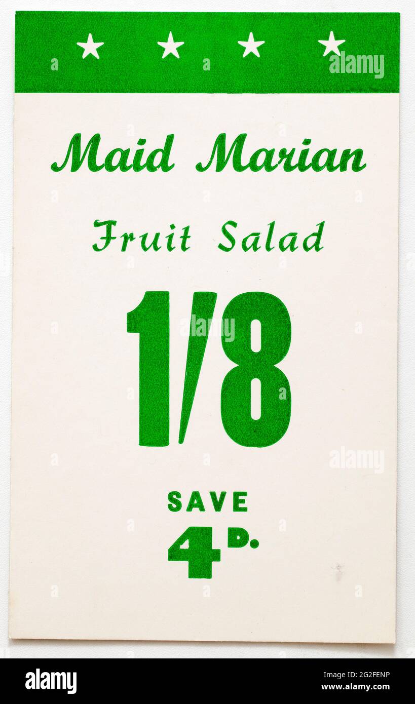 Vinatge années 1960 Boutique Publicité carte d'affichage des prix - salade de fruits Marian Maid Banque D'Images