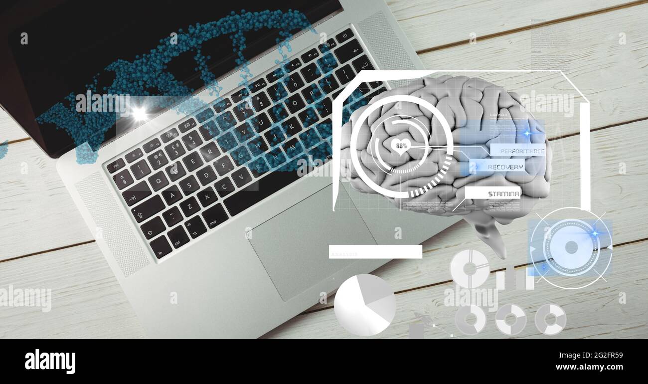 Composition du cerveau humain et traitement des données médicales sur un ordinateur de bureau avec ordinateur portable Banque D'Images