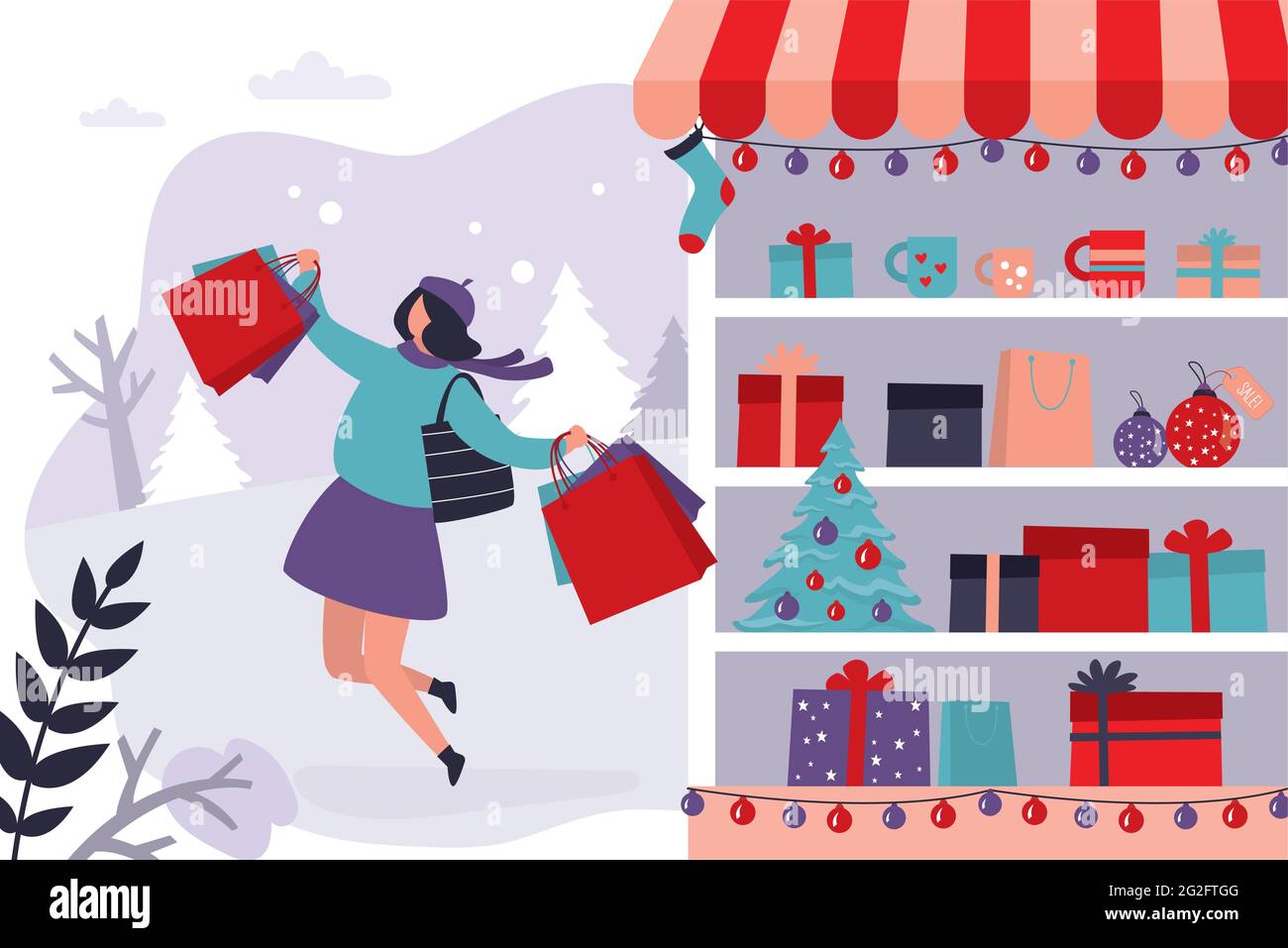 Joyeux personnage féminin sautant avec des sacs à provisions. Présenter les décorations et les cadeaux du nouvel an. Concept de shopping de la foire des fêtes, ventes de saison. Illustration de Vecteur