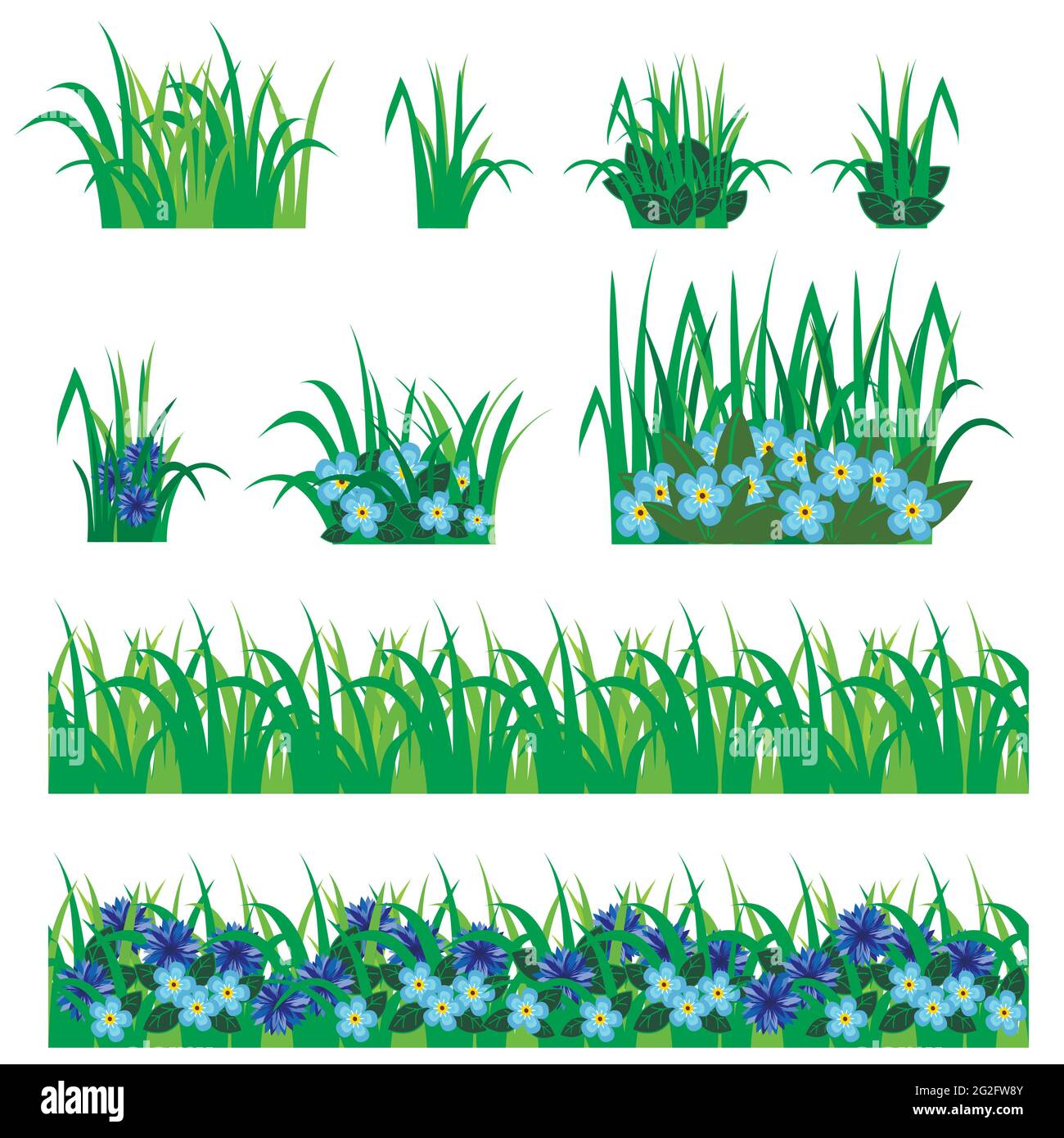 Ensemble de fleurs de jardin. Les cornflowers, les feuilles vertes, les compositions d'herbe, peuvent être utilisés comme éléments pour les scènes et les arrière-plans de paysage de créer. Vecteur illus Illustration de Vecteur