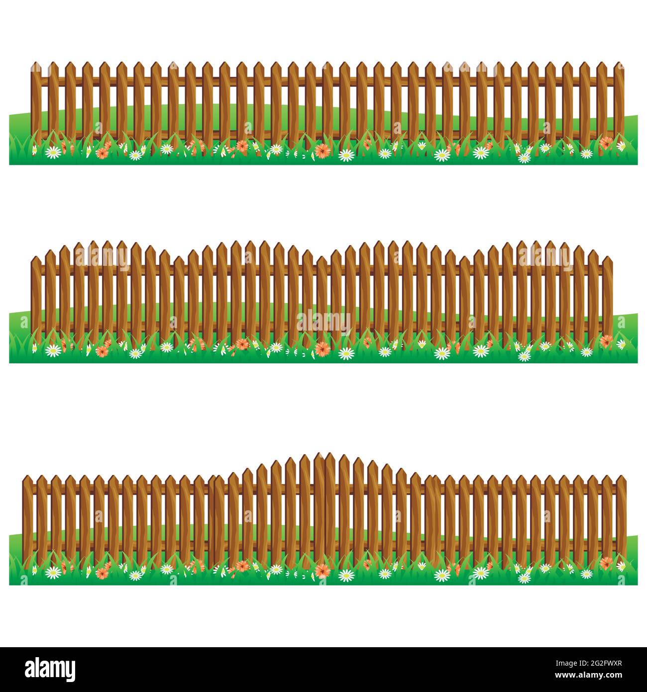 Ensemble de clôtures en bois de ferme isolées sur fond blanc avec de l'herbe et des fleurs.s'adapte comme éléments de scène pour le dessin animé ou le jeu actif. Illustration vectorielle. Illustration de Vecteur