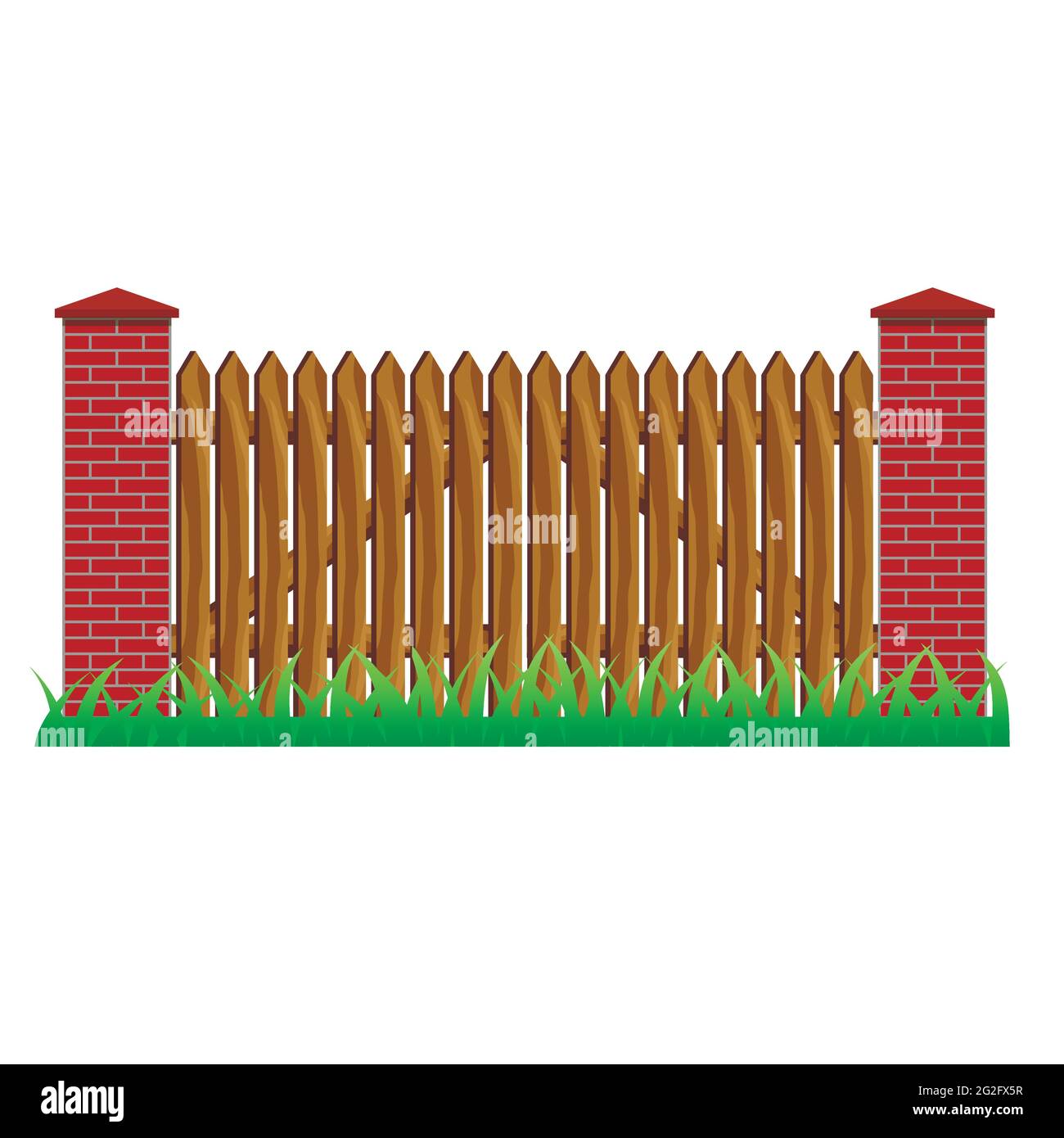 Clôture avec piliers en briques et portail en bois. Élément à utiliser dans un manoir, une ferme ou une clôture de jardin. Objet isolé sur fond blanc. Illustration vectorielle Illustration de Vecteur