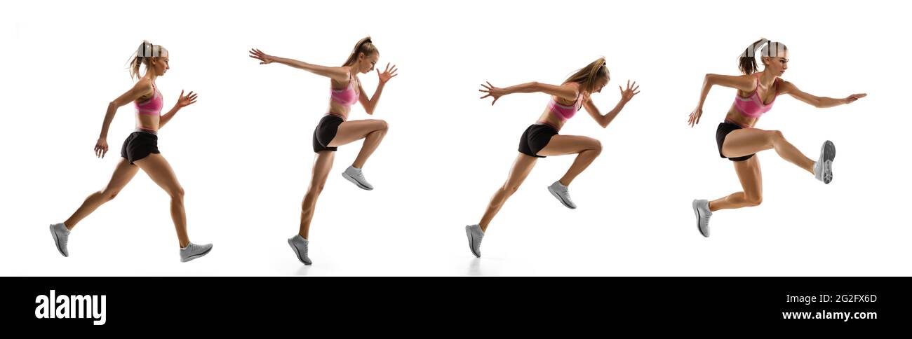 Le collage sur l'athlète de saut élevé ou la femme de forme en action Banque D'Images