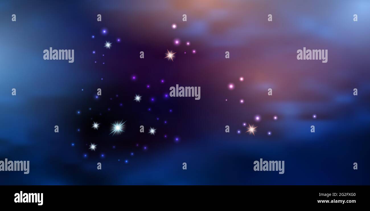 Ciel bleu nocturne avec lumière pourpre au coucher du soleil. Fond d'espace Galaxy avec étoiles brillantes. Illustration vectorielle Illustration de Vecteur