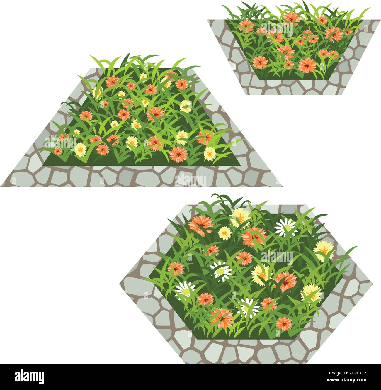 Ensemble de fleurs pour créer une scène de jardin. Chamomiles, fleurs jaune et orange dans l'herbe composée en parterre à fleurs avec bordure en pierre. Illustration vectorielle, is Illustration de Vecteur