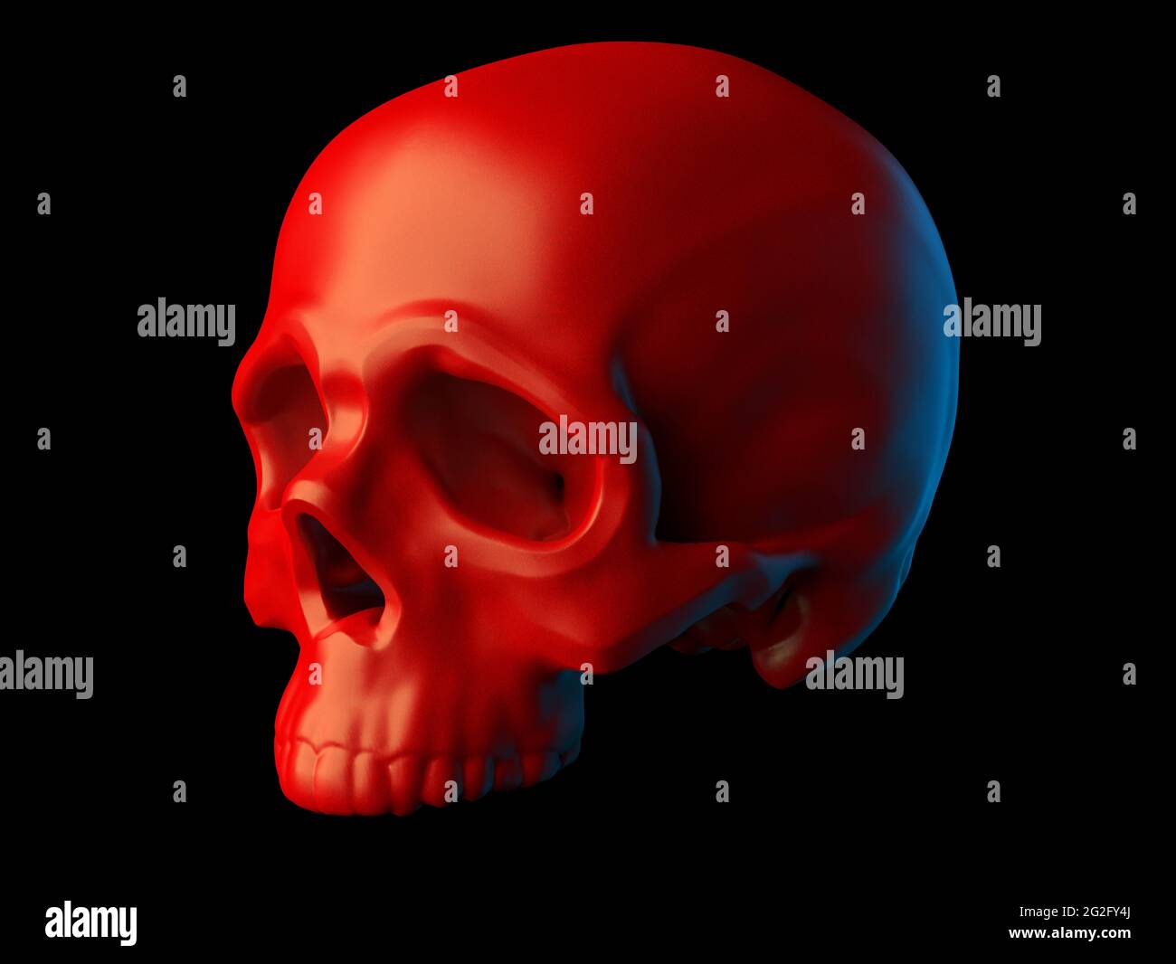 Crâne rouge sculpté abstrait sans mâchoire inférieure isolée sur fond noir.3d illustration Banque D'Images