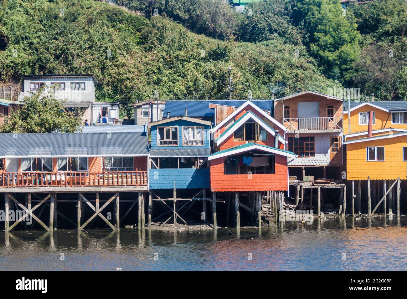 Palafitos (maisons à pilotis) à Castro, île Chiloe, Chili Banque D'Images