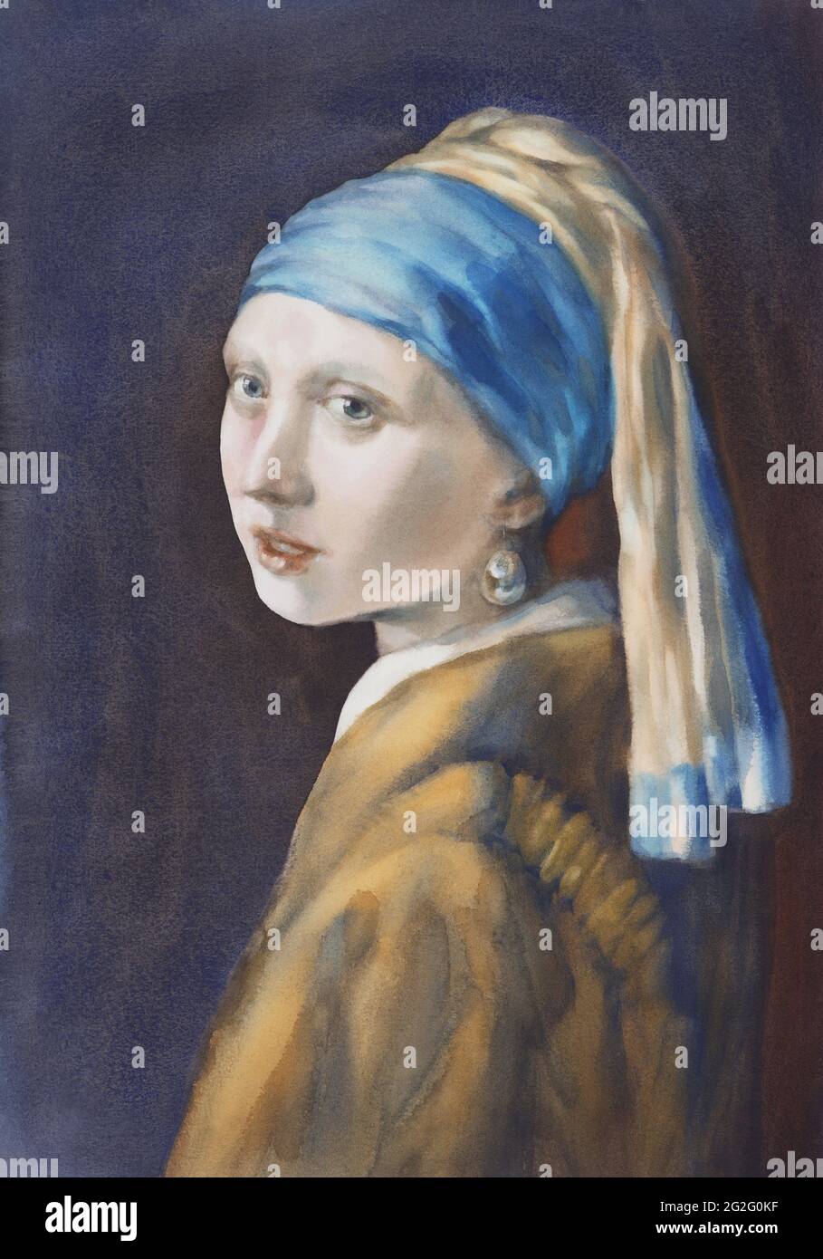 Une fille avec une perle boucle d'oreille aquarelle copie Banque D'Images