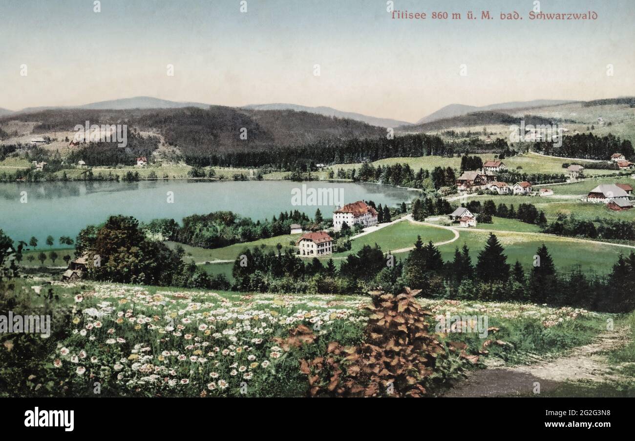 Lithographie couleur historique d'une carte postale datant de 1900 environ, Titisee, Bade-Wurtemberg, Allemagne Banque D'Images