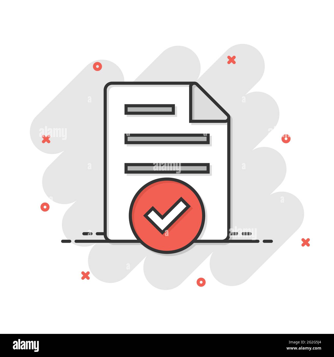 Icône document accepté dans le style comique. Corriger l'illustration vectorielle sur un arrière-plan blanc isolé. Vérifiez le concept commercial effet destruction message. Illustration de Vecteur