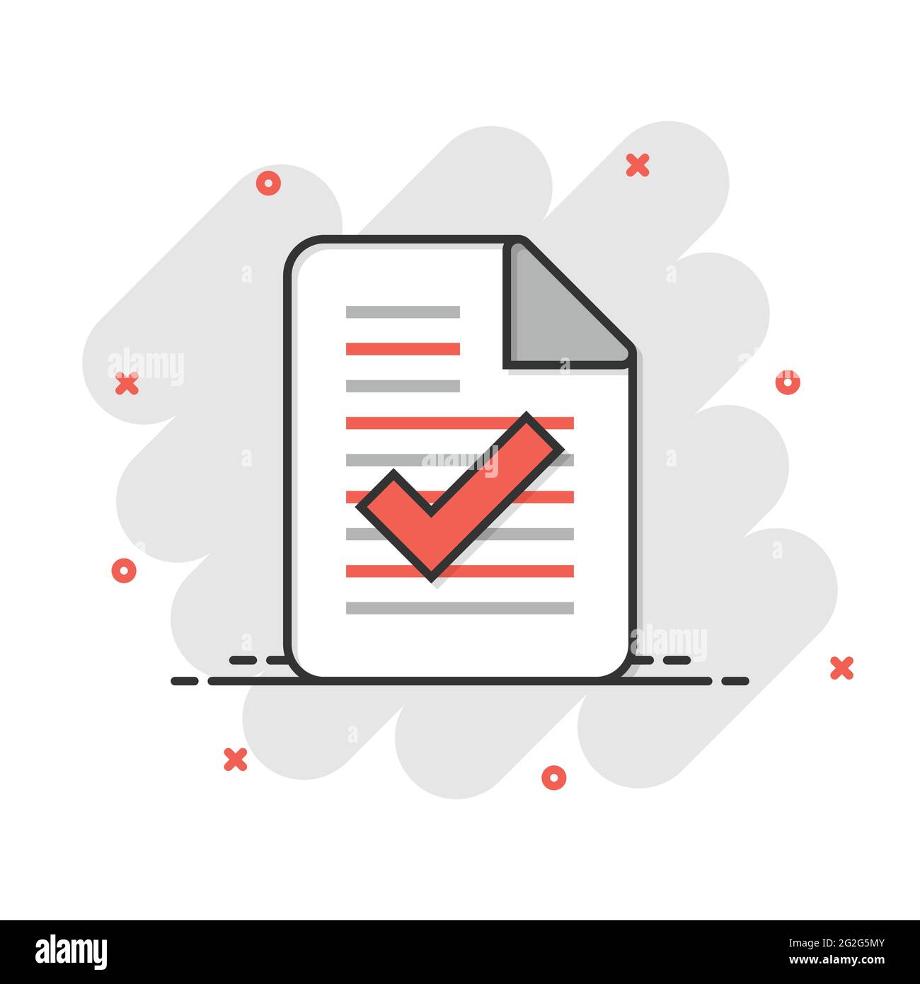 Icône document accepté dans le style comique. Corriger l'illustration vectorielle sur un arrière-plan blanc isolé. Vérifiez le concept commercial effet destruction message. Illustration de Vecteur