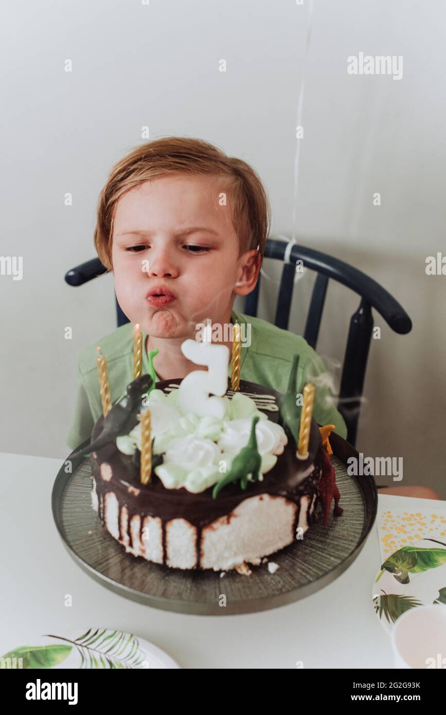 Jeune Garcon De 5 Ans Soufflant Sa Bougie D Anniversaire Photo Stock Alamy
