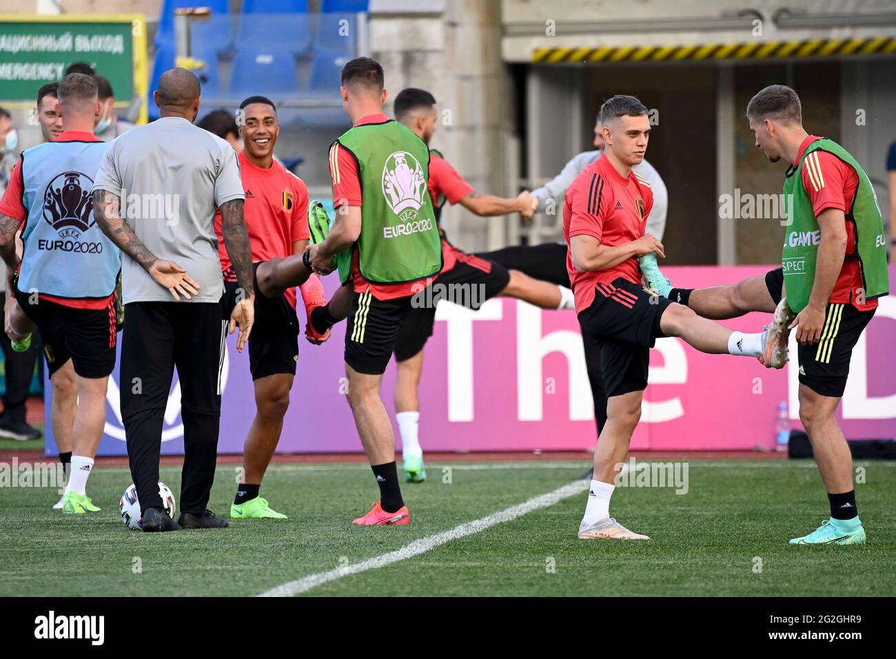 Les joueurs belges photographiés lors d'une session de formation de l'équipe nationale belge de football Red Devils, à Saint-Petersbourg, Russie, vendredi 11 juin 2021 Banque D'Images