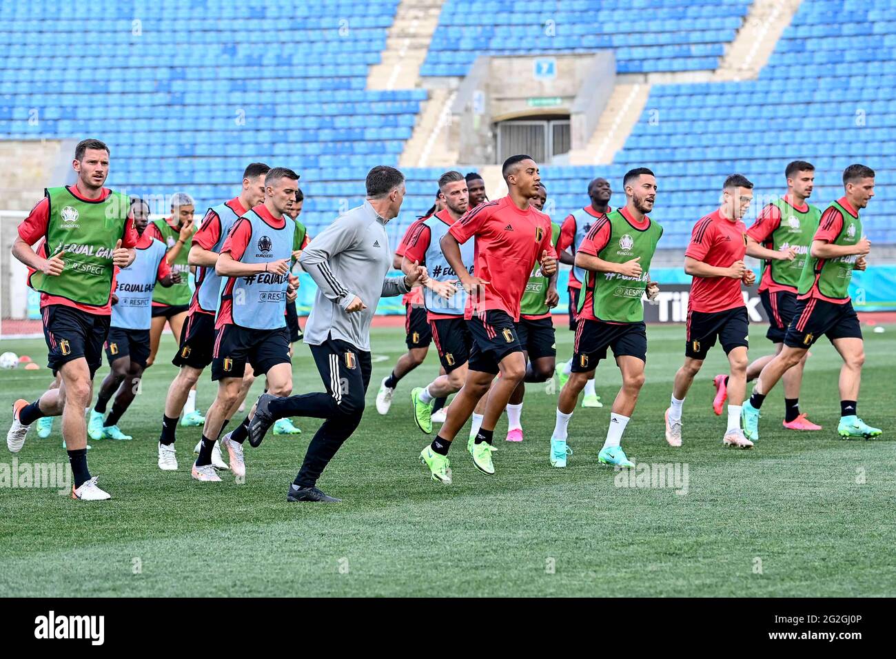 Les joueurs belges photographiés lors d'une session de formation de l'équipe nationale belge de football Red Devils, à Saint-Petersbourg, Russie, vendredi 11 juin 2021 Banque D'Images