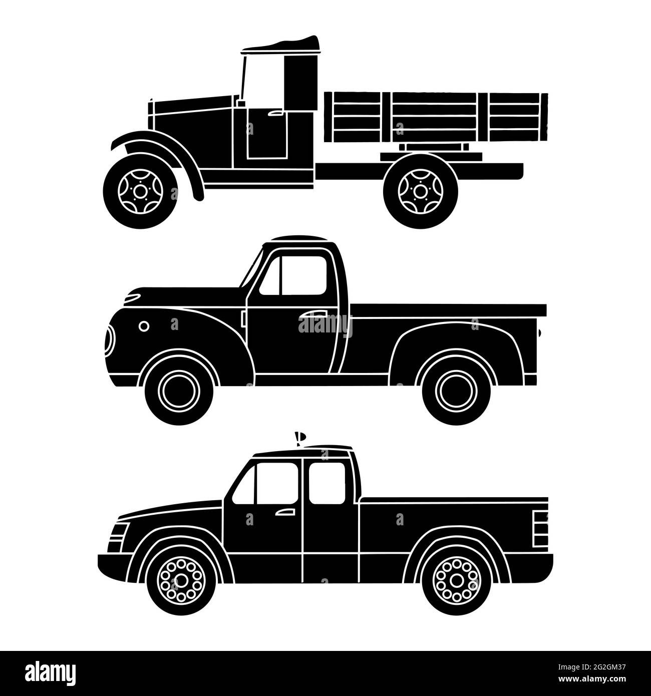 Un ensemble de camions vintage personnalisés. Silhouettes noires, vue latérale. Illustration vectorielle Illustration de Vecteur