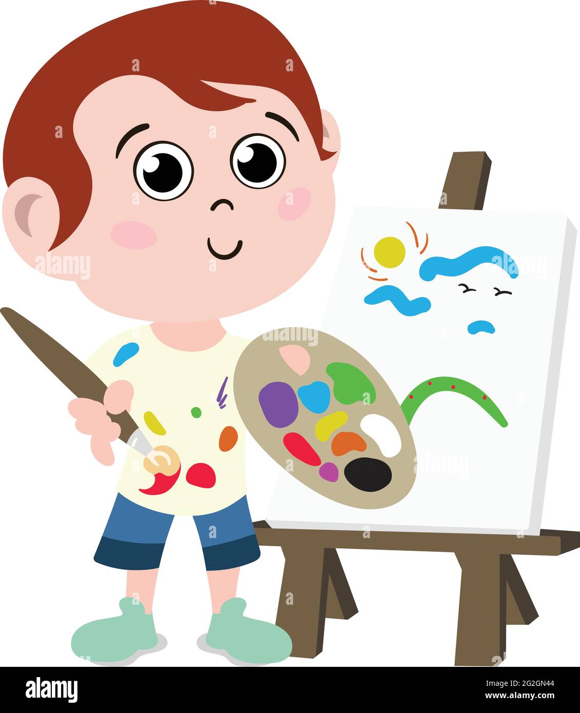 Un adorable personnage enfant de style dessin animé. Enfant de maternelle maternelle de pré-école habillé comme artiste professionnel et artiste-peintre. Peinture pour petits enfants. Illustration de Vecteur