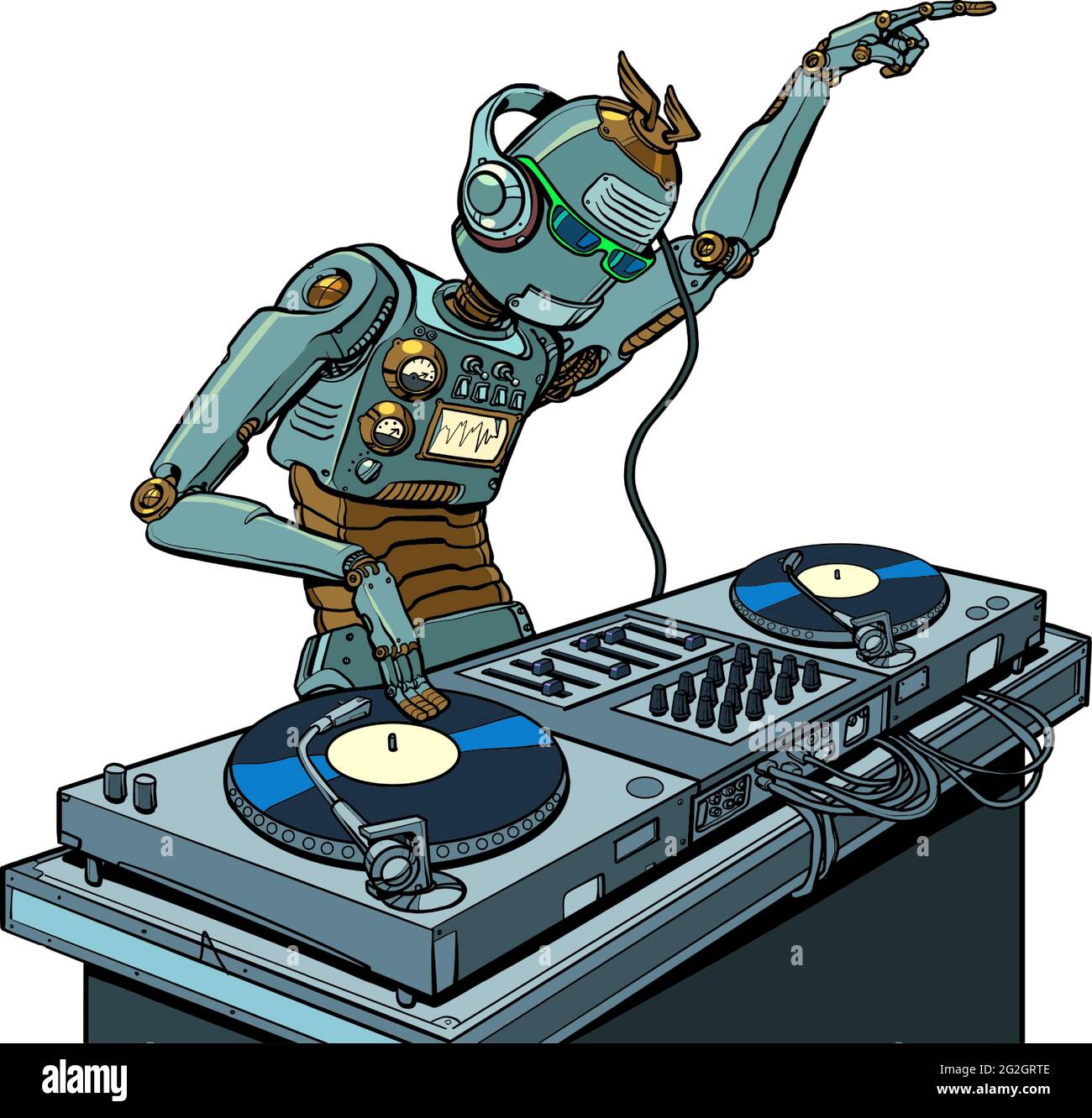 robot dj sur des platines en vinyle. concert de musique Illustration de Vecteur