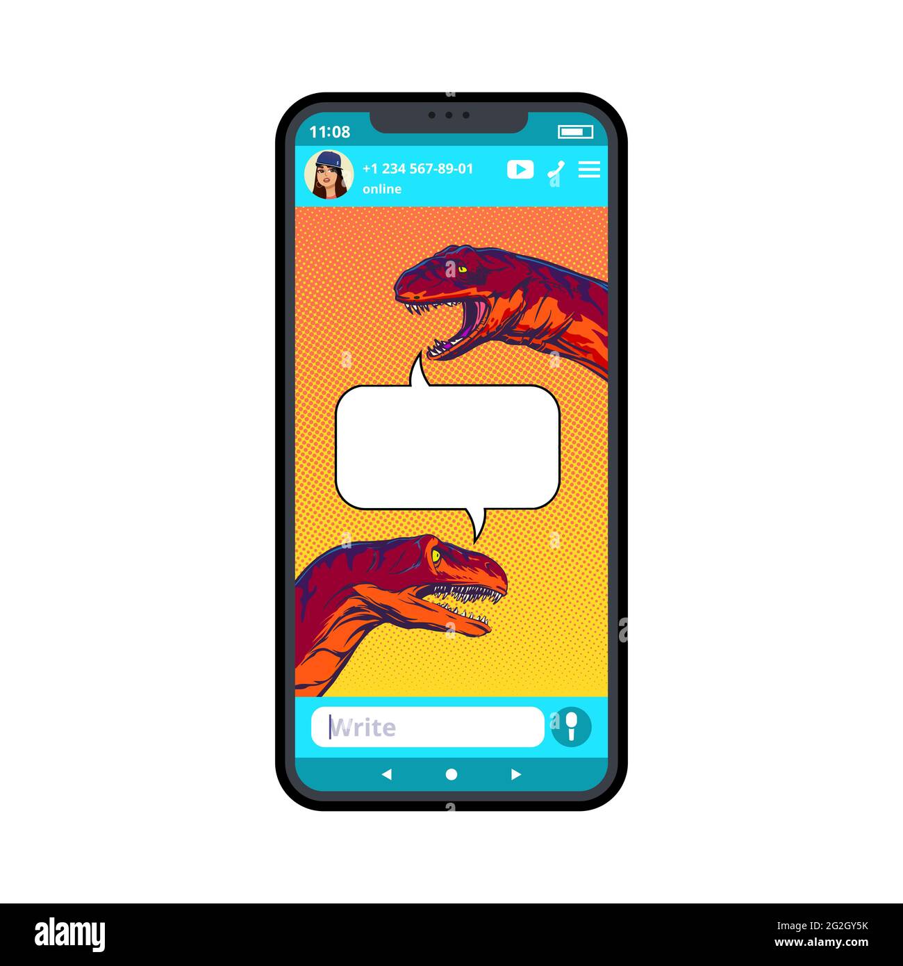 Dessin humoristique du dialogue dinosaure sur smartphone dans un style pop art .illustration vectorielle. Illustration de Vecteur
